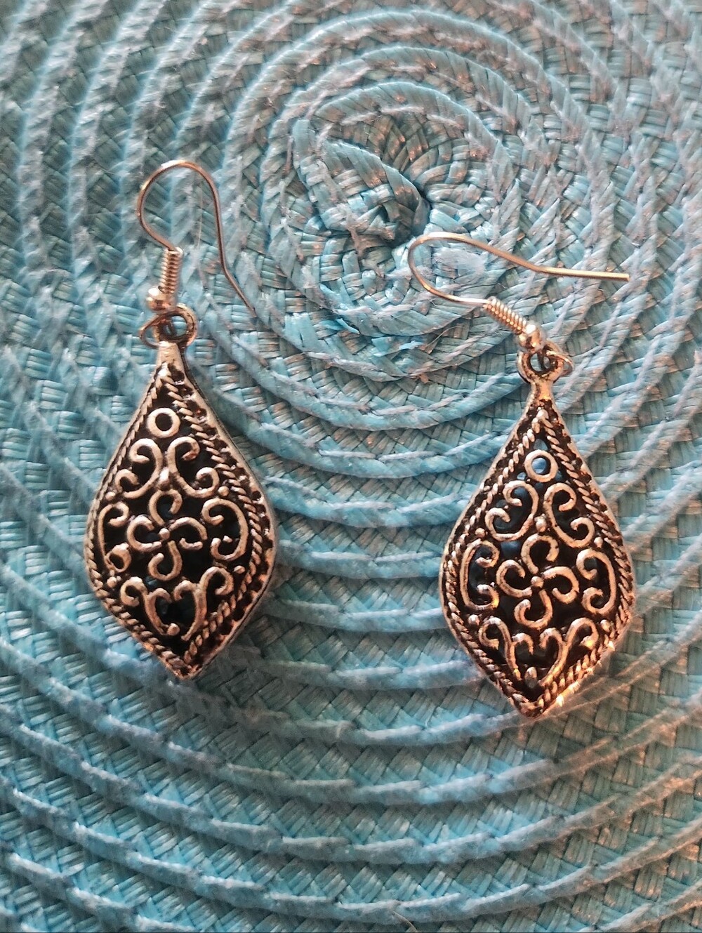 Sterling Silver Filigree Teardrop Dangle Earrings - Black Accents